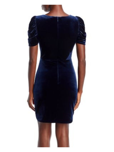 BCBG MAXAZRIA Womens Navy Ruched Zippered Mesh Side Panel Draped Skirt Pouf Sleeve Round Neck Short Cocktail Sheath Dress M