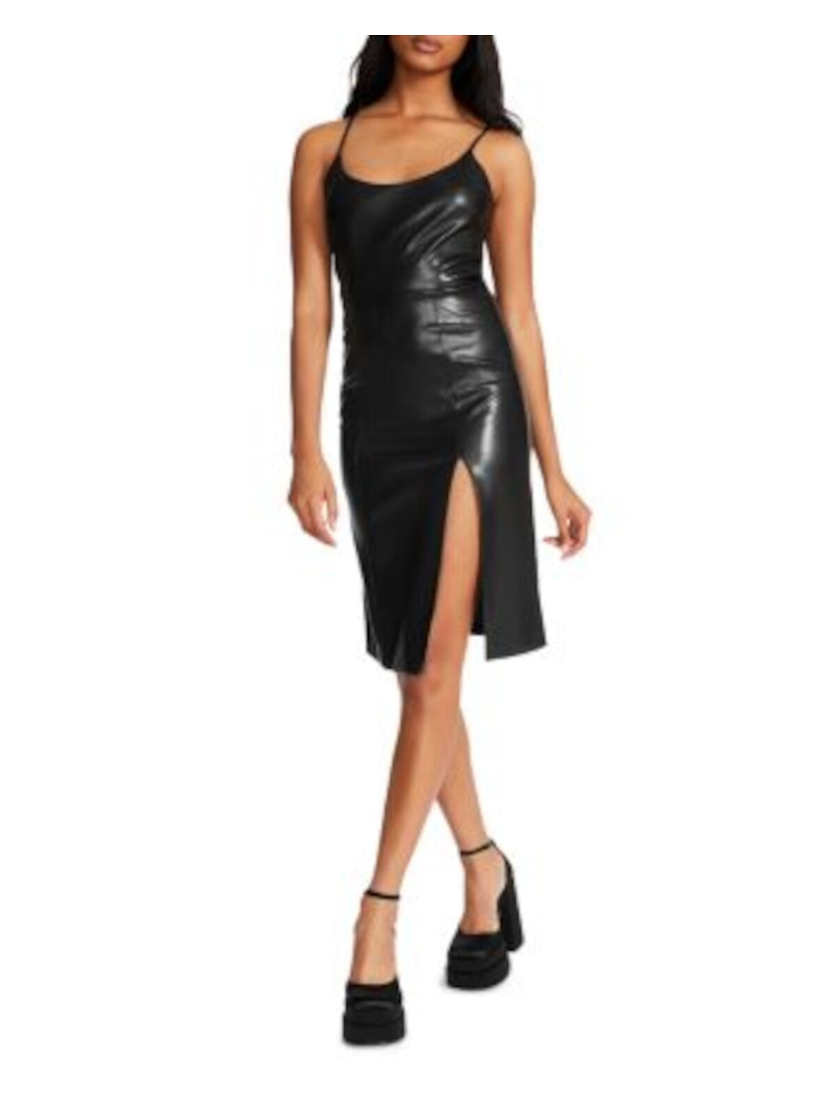 STEVE MADDEN Womens Black Slitted Zippered Unlined Spaghetti Strap Scoop Neck Knee Length Evening Sheath Dress 6