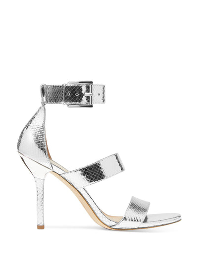 MICHAEL MICHAEL KORS Womens Silver Snake Padded Metallic Ankle Strap Amal Round Toe Stiletto Buckle Leather Heeled Sandal 10 M