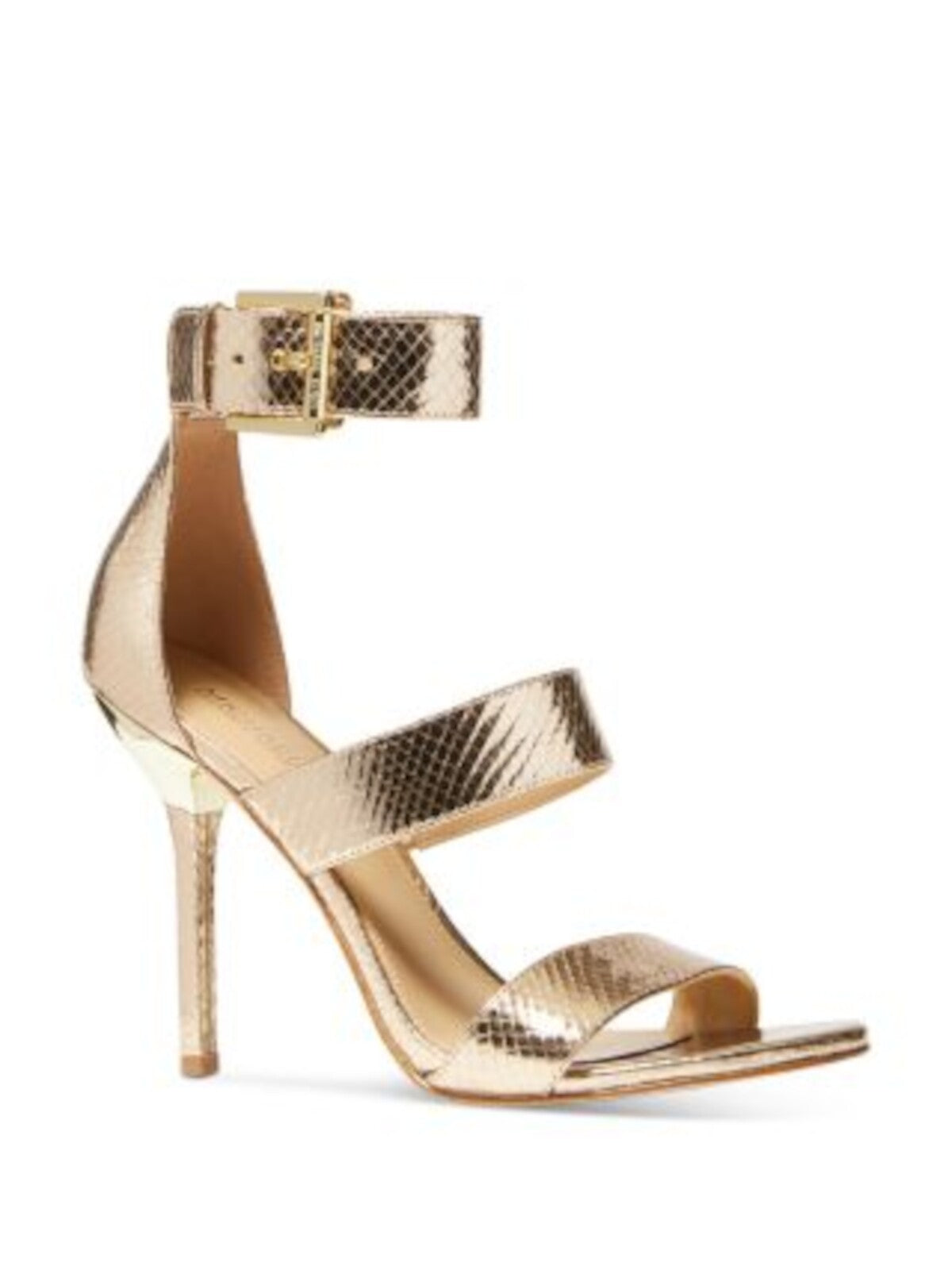 MICHAEL MICHAEL KORS Womens Gold Snake Embossed Goring Padded Metallic Ankle Strap Amal Round Toe Stiletto Buckle Leather Dress Heeled Sandal 7 M