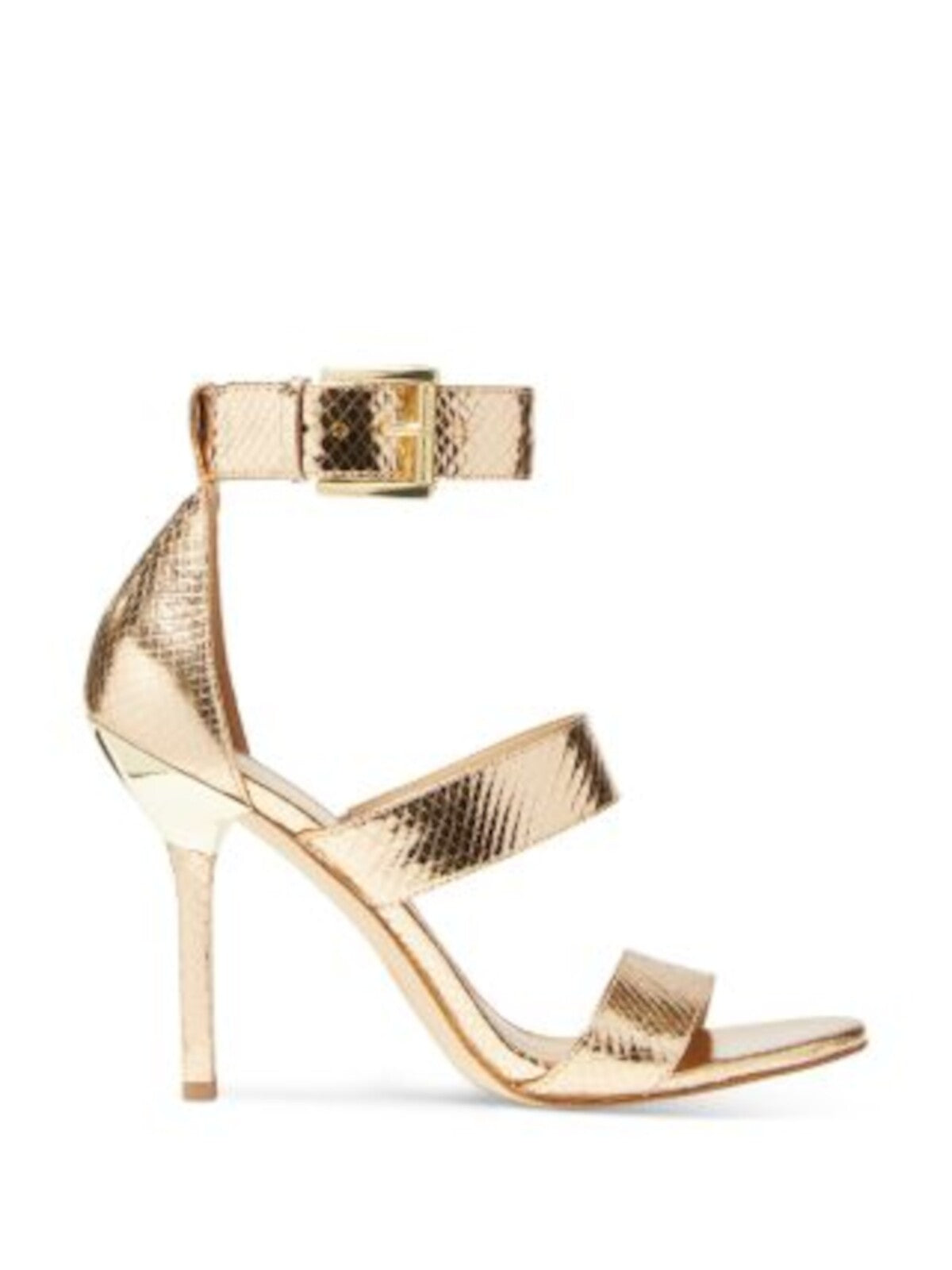 MICHAEL MICHAEL KORS Womens Gold Snake Embossed Goring Padded Metallic Ankle Strap Amal Round Toe Stiletto Buckle Leather Dress Heeled Sandal 7 M