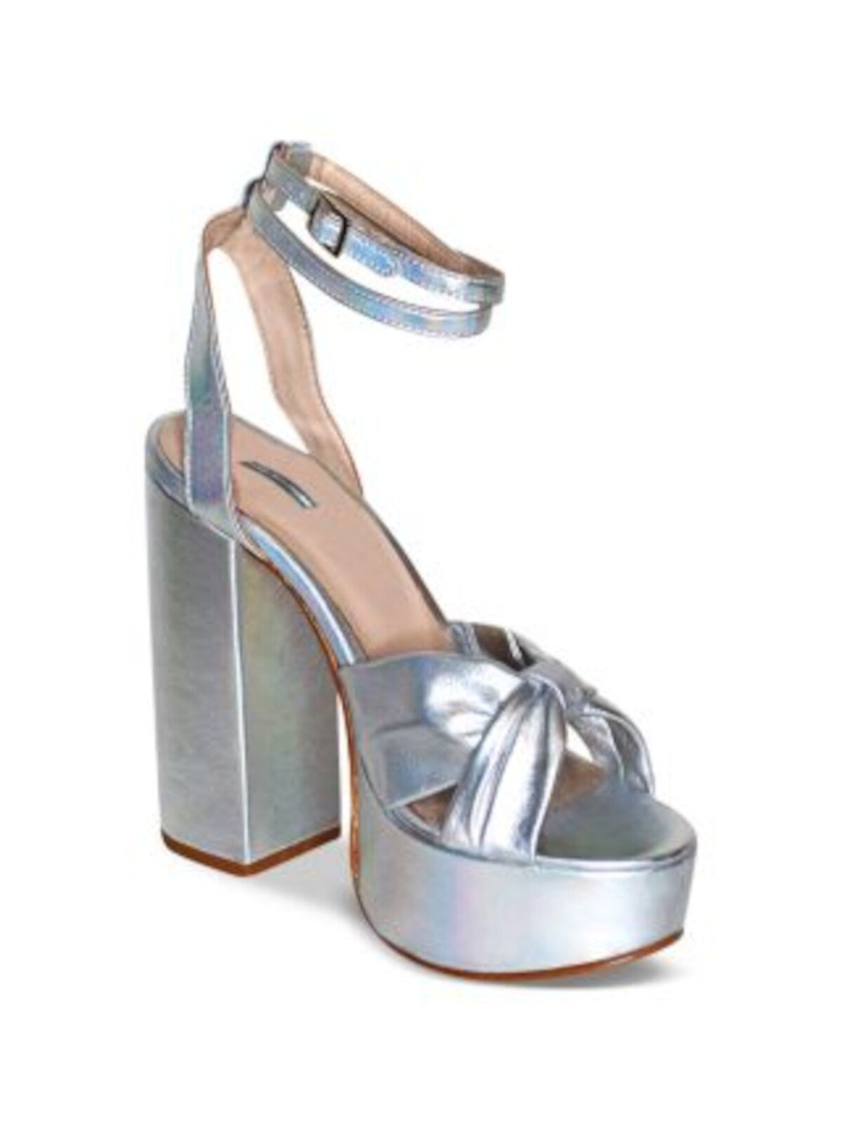 CHELSEA PARIS Womens Silver Holographic 2" Platform Ankle Strap Padded Zasa Almond Toe Block Heel Buckle Leather Heeled Sandal 38