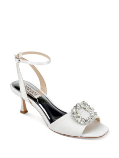 BADGLEY MISCHKA Womens White Mixed Media Embellished Hardware Ankle Strap Padded Demi Square Toe Flare Buckle Dress Heeled Sandal 9