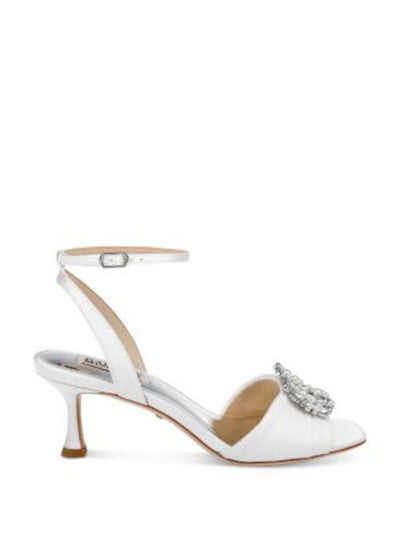 BADGLEY MISCHKA Womens White Mixed Media Embellished Hardware Ankle Strap Padded Demi Square Toe Flare Buckle Dress Heeled Sandal 9