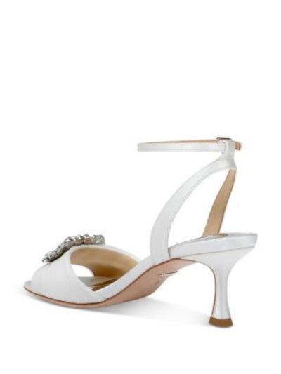 BADGLEY MISCHKA Womens White Mixed Media Embellished Hardware Ankle Strap Padded Demi Square Toe Flare Buckle Dress Heeled Sandal 9