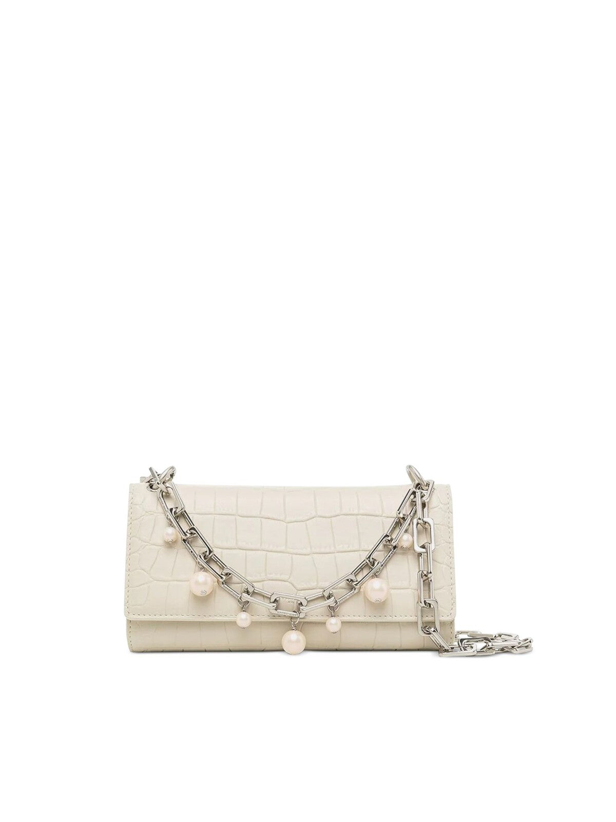 APEDE MOD Women's White Crocodile Print Suede Faux Pearls Chain Strap Wallet