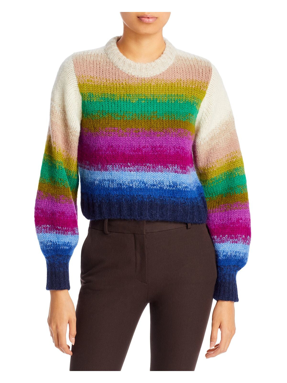 ELEVEN SIX Womens Beige Ribbed Knit Pullover Striped Long Sleeve Crew Neck Sweater M