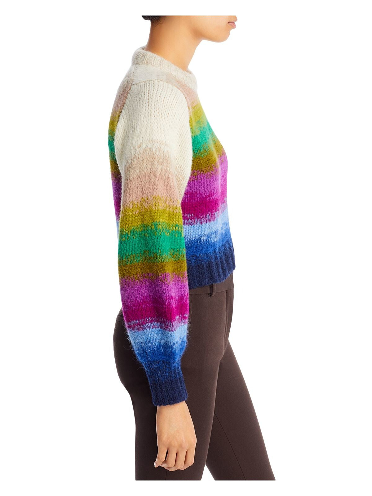ELEVEN SIX Womens Beige Ribbed Knit Pullover Striped Long Sleeve Crew Neck Sweater M
