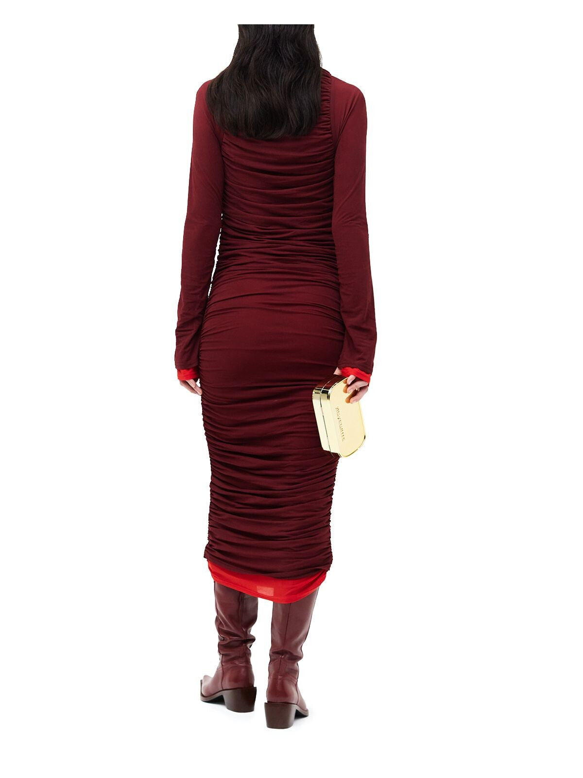 MESH SIMON MILLER Womens Maroon Ruched Pullover Lined Color Block Long Sleeve Mock Neck Midi Cocktail Body Con Dress S