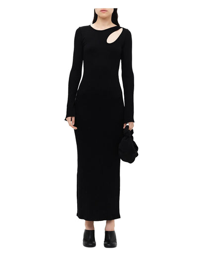 SIMON MILLER Womens Black Ribbed Cut Out Long Sleeve Round Neck Maxi Sheath Dress S