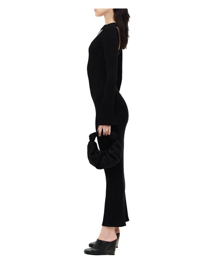 SIMON MILLER Womens Black Ribbed Cut Out Long Sleeve Round Neck Maxi Sheath Dress M