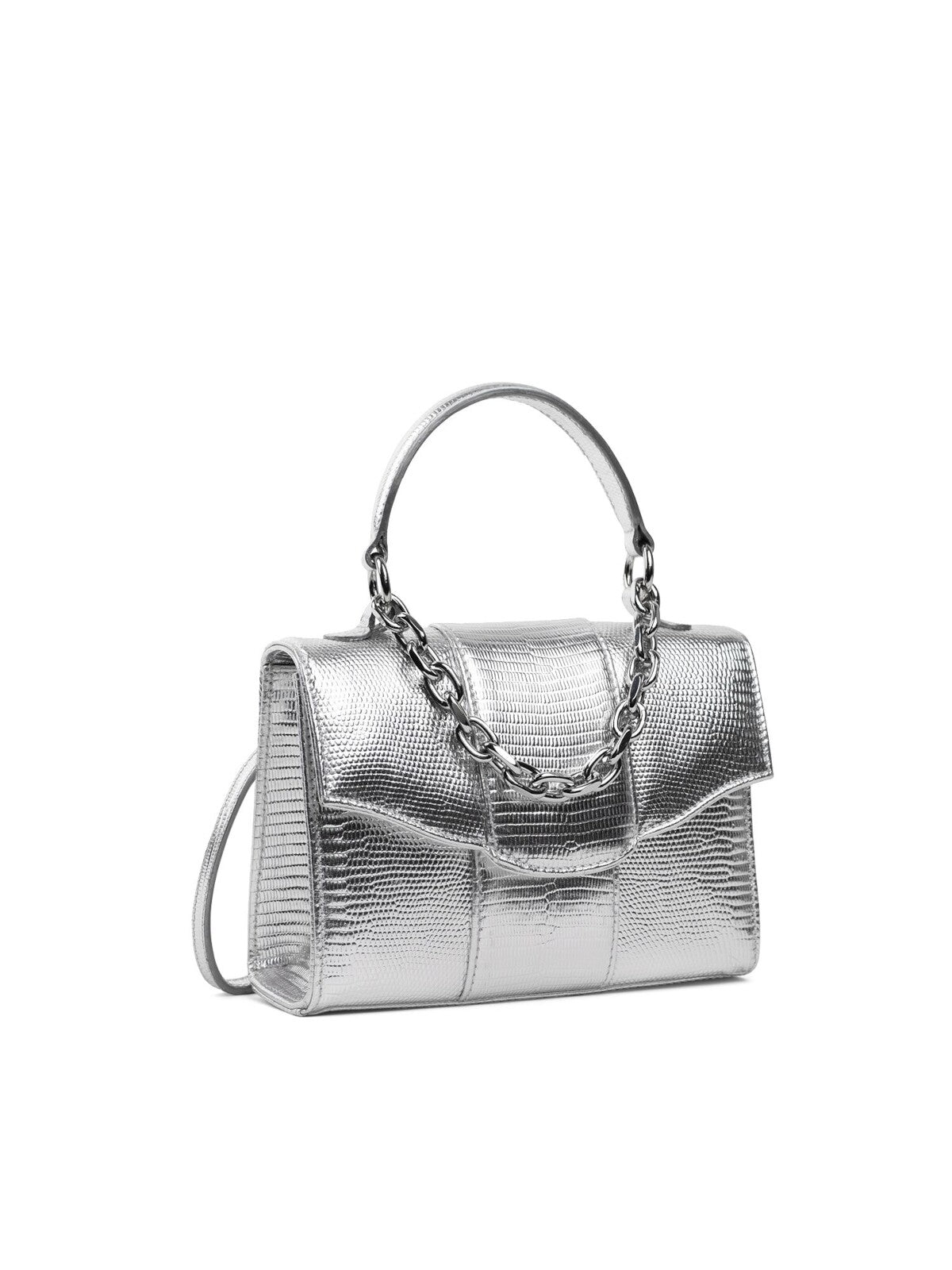 LISELLE KISS Women's Silver Metallic Solid Faux Leather Chain Detail Removable Adjustable Crossbody Band Single Strap Crossbody Handbag Purse