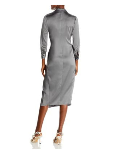 THEORY Womens Gray Zippered Twist Front Pleated Overay Skirt Cuffed Sleeve Surplice Neckline Midi Party Sheath Dress 0