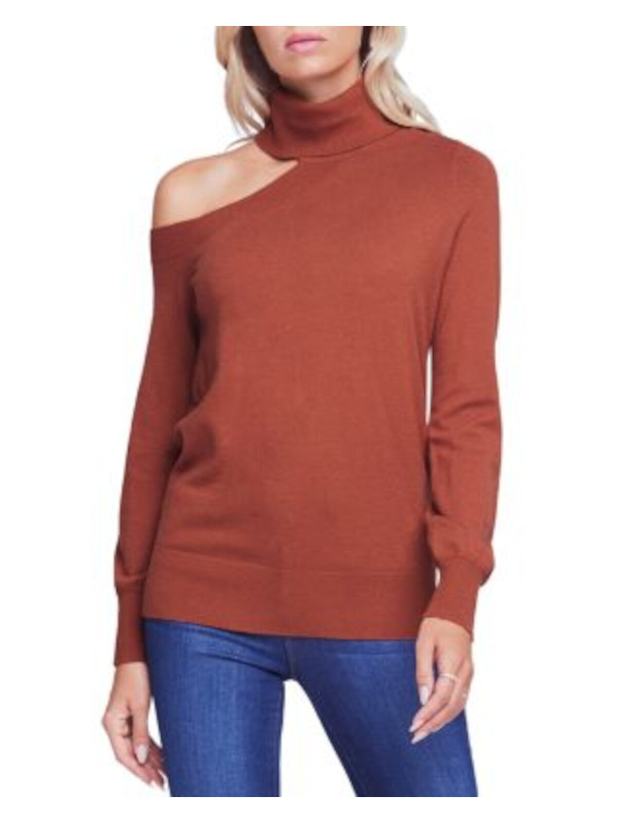 LAGENCE Womens Brown Cold Shoulder Ribbed Trim Pullover Long Sleeve Mock Neck Sweater S