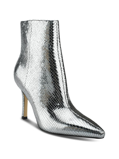 MARC FISHER Womens Silver Snake Comfort Kendry Pointed Toe Stiletto Zip-Up Leather Booties 10 M