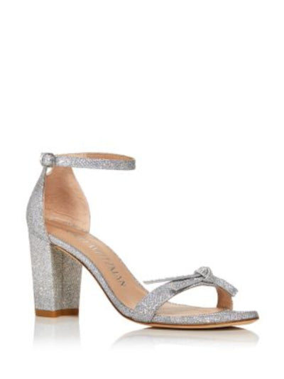 STUART WEITZMAN Womens Silver Padded Bow Accent Ankle Strap Glitter Nearly Nude Round Toe Block Heel Buckle Dress Heeled Sandal 10 B