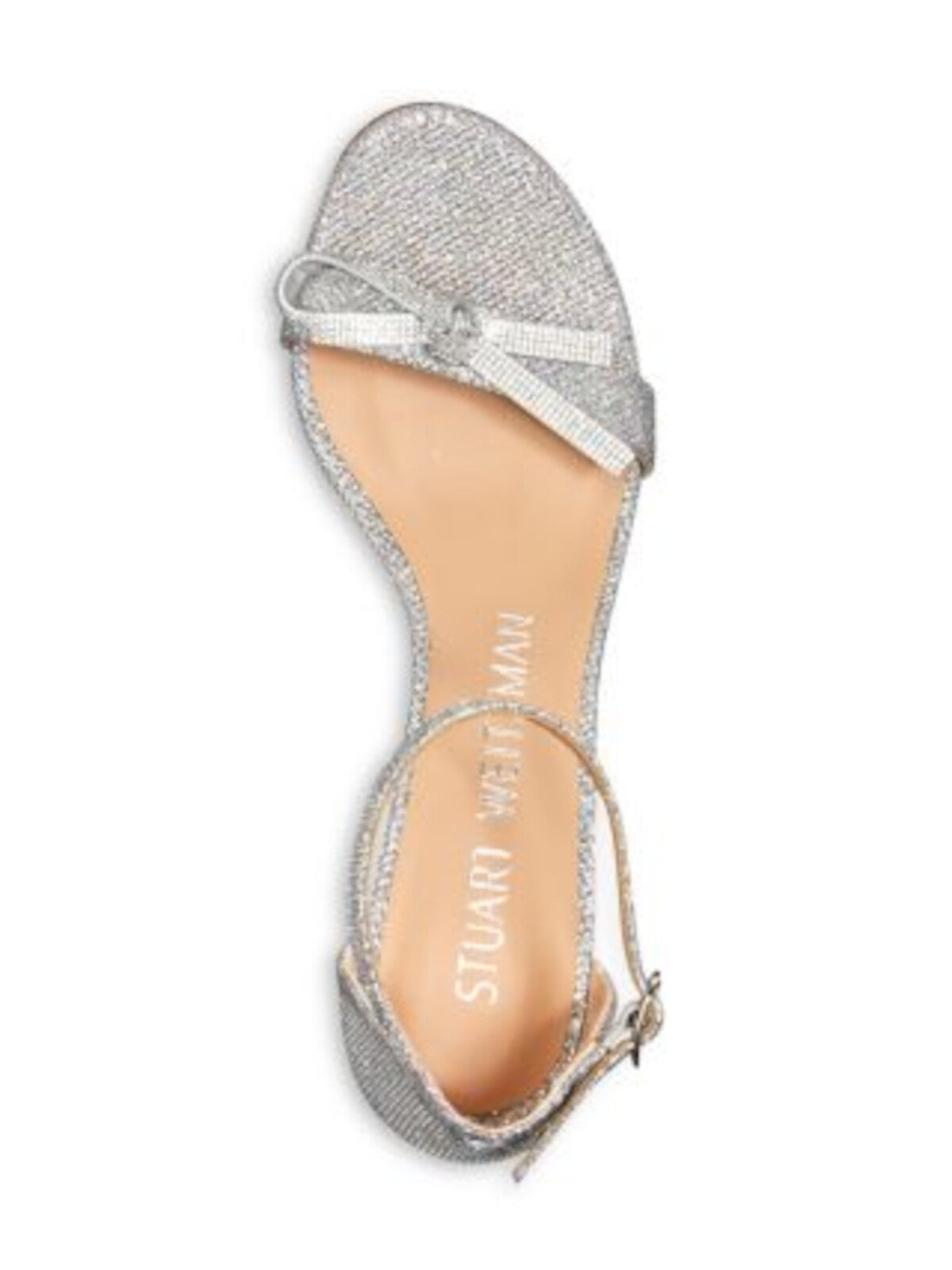 STUART WEITZMAN Womens Silver Padded Bow Accent Ankle Strap Glitter Nearly Nude Round Toe Block Heel Buckle Dress Heeled Sandal 6.5 B