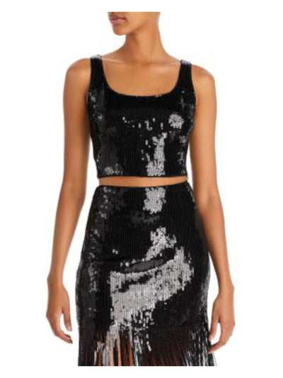LUCY PARIS Womens Black Sequined Lined Zippered Sleeveless Square Neck Party Crop Top XL