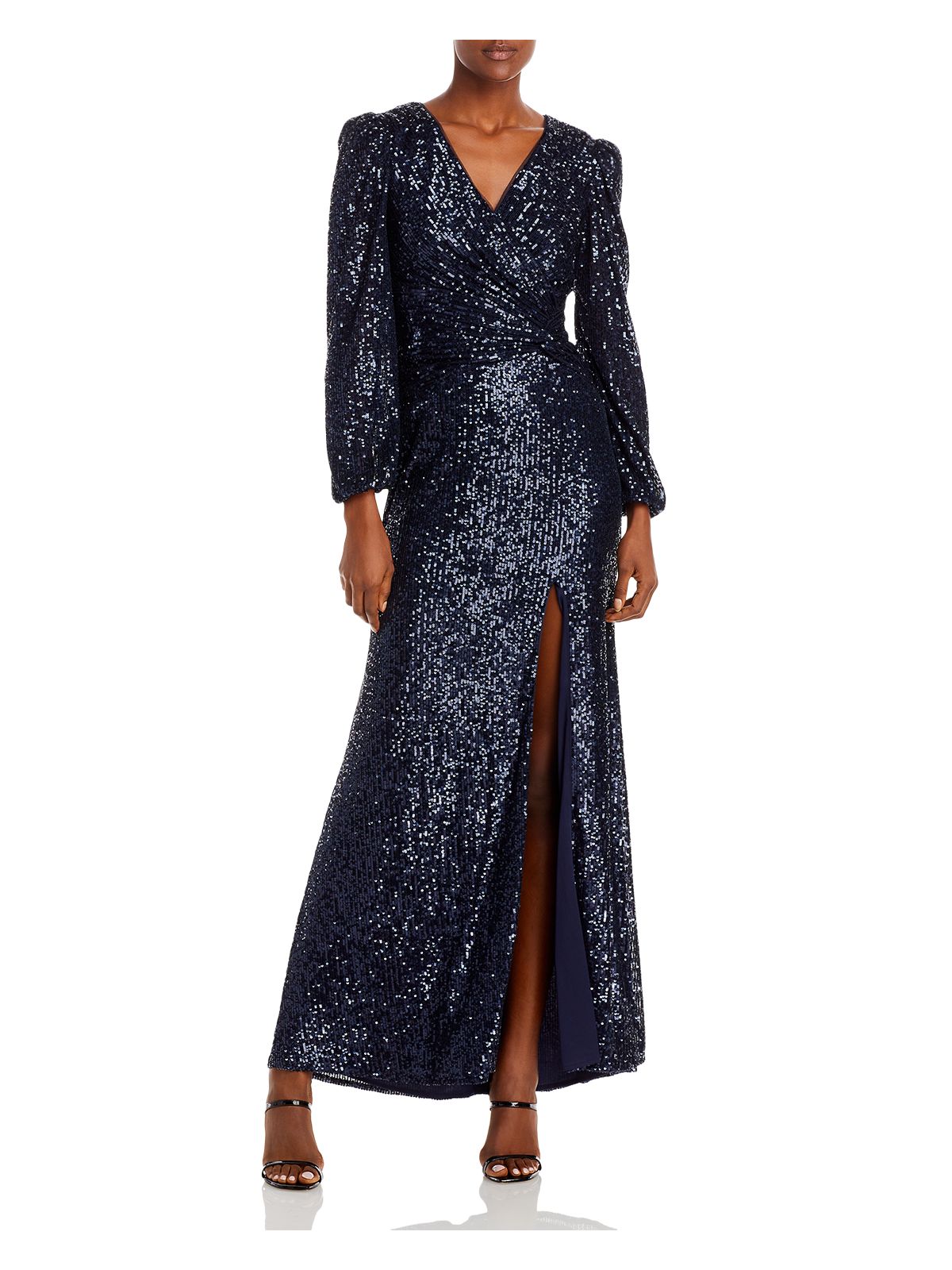AQUA FORMAL Womens Twist Front Long Sleeve V Neck Full-Length Formal Gown Dress