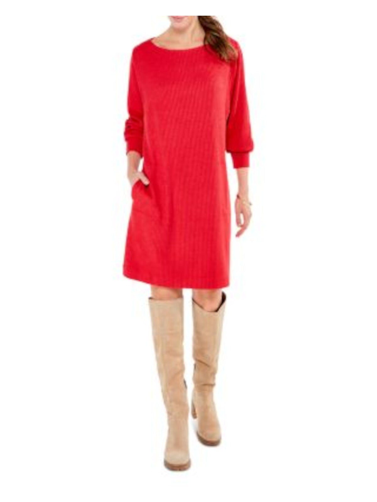 NIC+ZOE Womens Red Pocketed Ribbed Long Sleeve Boat Neck Knee Length Sweater Dress XS