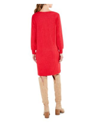 NIC+ZOE Womens Red Pocketed Ribbed Long Sleeve Boat Neck Knee Length Sweater Dress XS