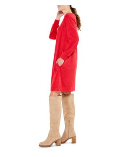 NIC+ZOE Womens Red Pocketed Ribbed Long Sleeve Boat Neck Knee Length Sweater Dress XS