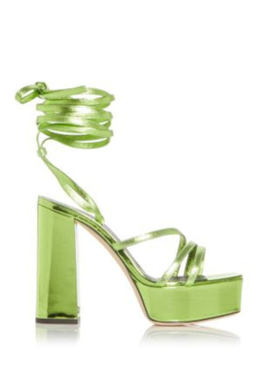 GIUSEPPE ZANOTTI Womens Green Strappy Ankle Wrap Tie Metallic Padded Square Toe Block Heel Lace-Up Leather Heeled Sandal 37.5