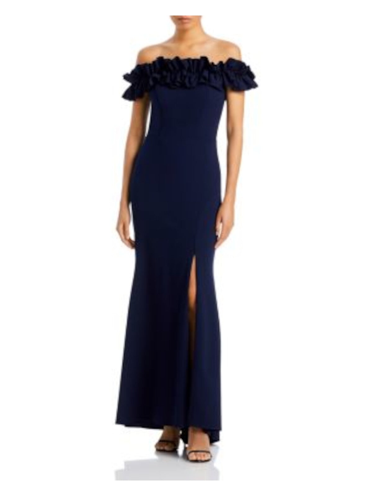 AQUA FORMAL Womens Navy Ruffled Zippered Ruched Back High Slit Lined Short Sleeve Off Shoulder Full-Length Formal Gown Dress 8