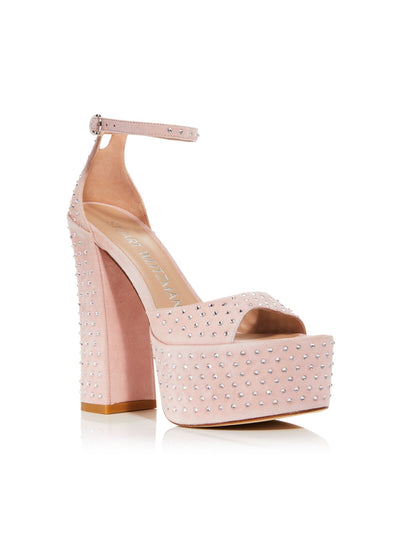 STUART WEITZMAN Womens Pink Rhinestone Embellished 2' Platform Ankle Strap Padded Sky High Open Toe Block Heel Buckle Leather Heeled Sandal 8 B