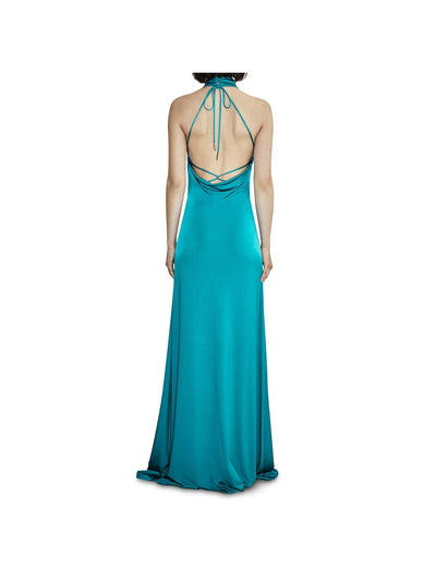 ET OCHS Womens Green Zippered Twist Front Strappy Open Back Floor-pooling Sleeveless Halter Full-Length Evening Gown Dress 0