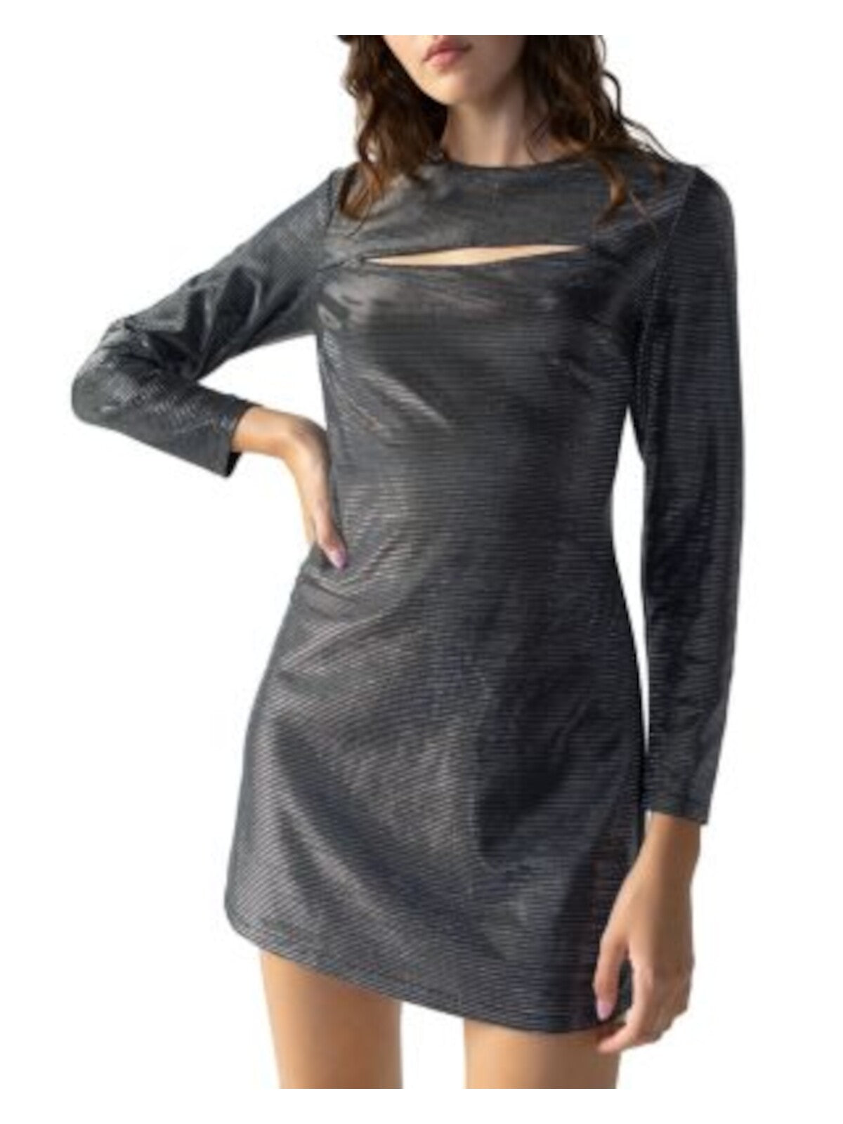 SANCTUARY Womens Silver Cut Out Zippered Lined Long Sleeve Round Neck Short Party Sheath Dress M