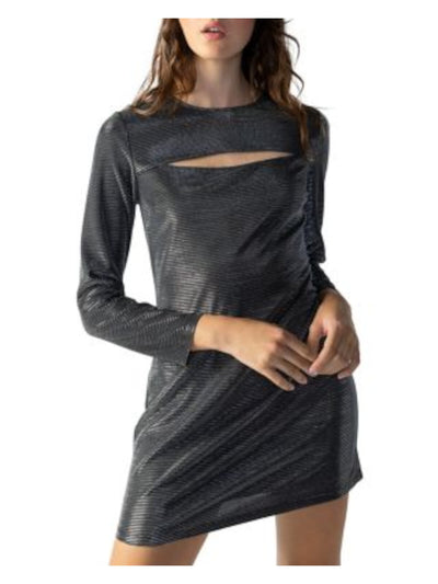 SANCTUARY Womens Silver Cut Out Zippered Lined Long Sleeve Round Neck Short Party Sheath Dress M