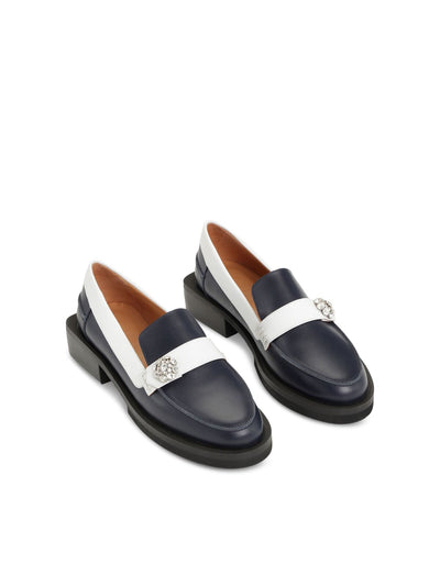 GANNI Womens Navy Comfort Jewel Round Toe Block Heel Slip On Leather Dress Heeled Loafers 37