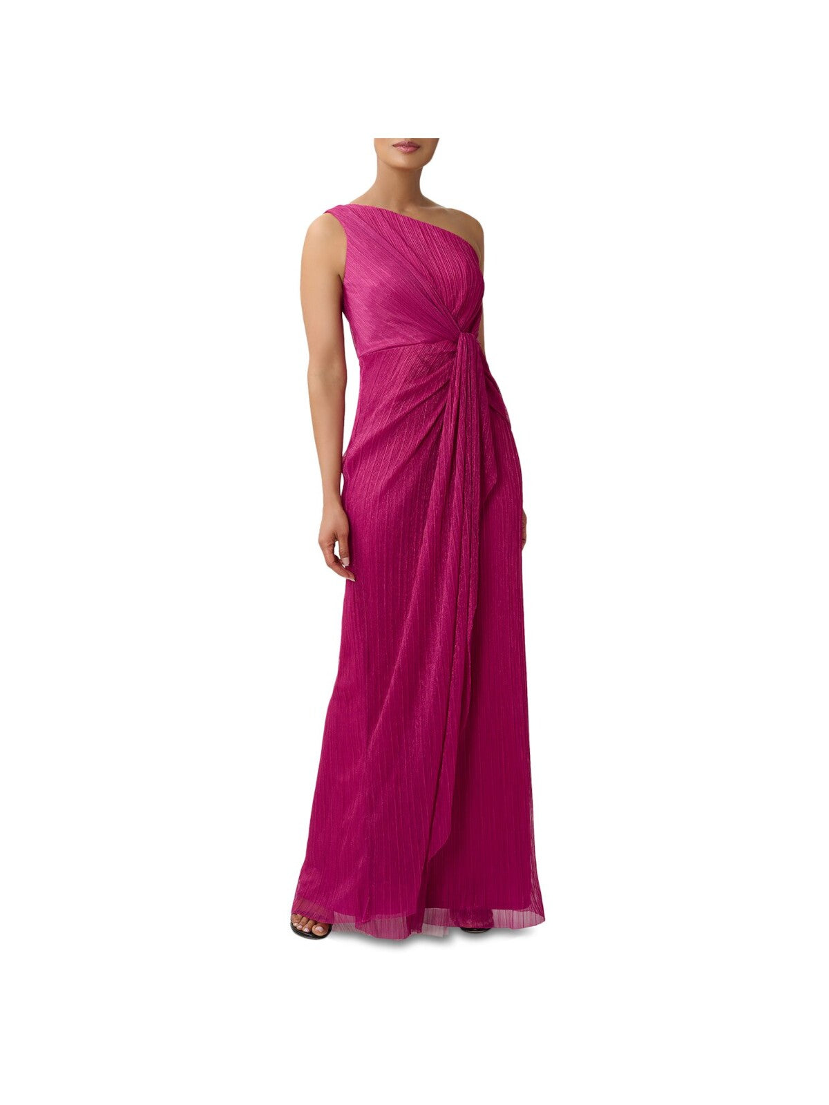 ADRIANNA PAPELL Womens Pink Zippered Ruched Twist With Cascade Side Front Pinstripe Sleeveless Asymmetrical Neckline Full-Length Evening Gown Dress 12