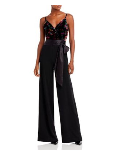 RAMY BROOK Womens Black Zippered Self-tie Sash Spaghetti Strap Surplice Neckline Party Wide Leg Jumpsuit 2