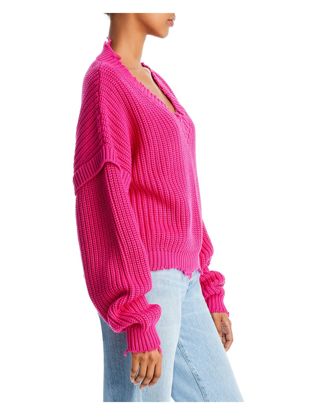 SIMON MILLER Womens Pink Distressed Ribbed Long Sleeve V Neck Sweater S