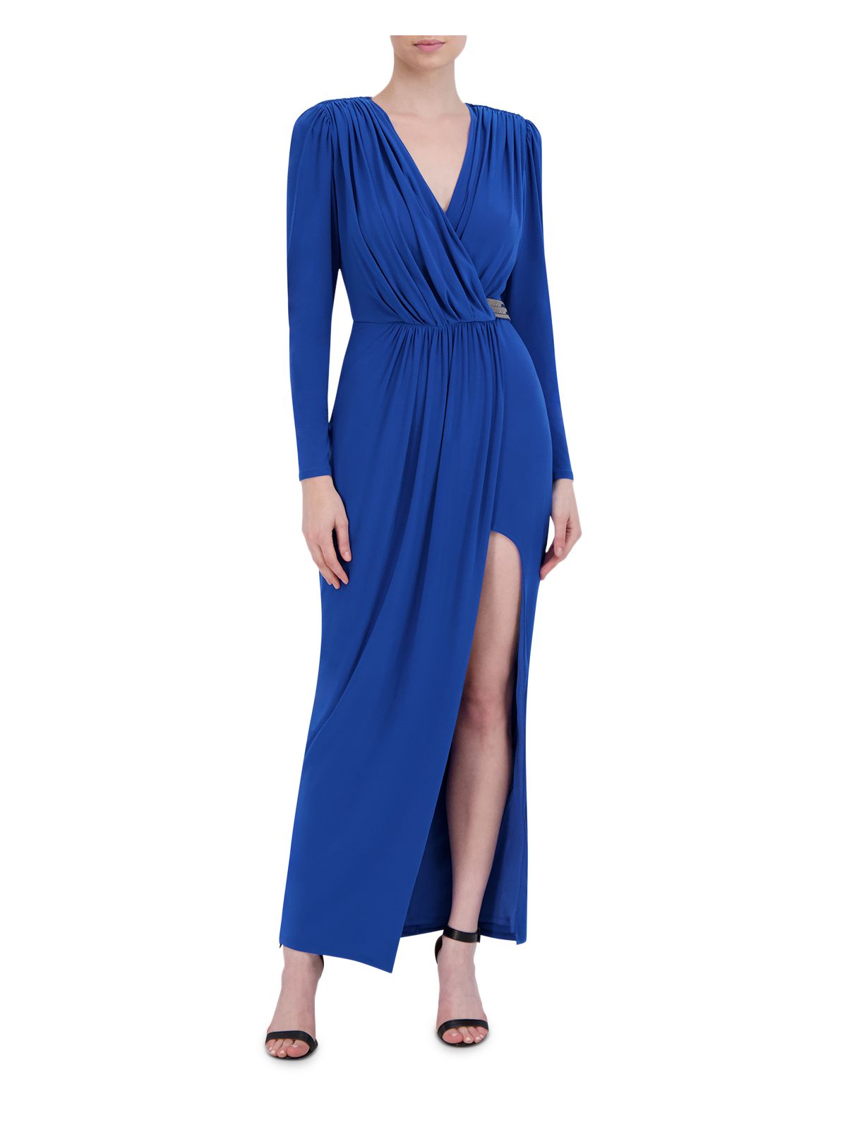 BCBG MAXAZRIA Womens Blue Gathered Zippered Shirred Waist Beaded Accent Slit Long Sleeve Surplice Neckline Full-Length Evening Faux Wrap Dress M