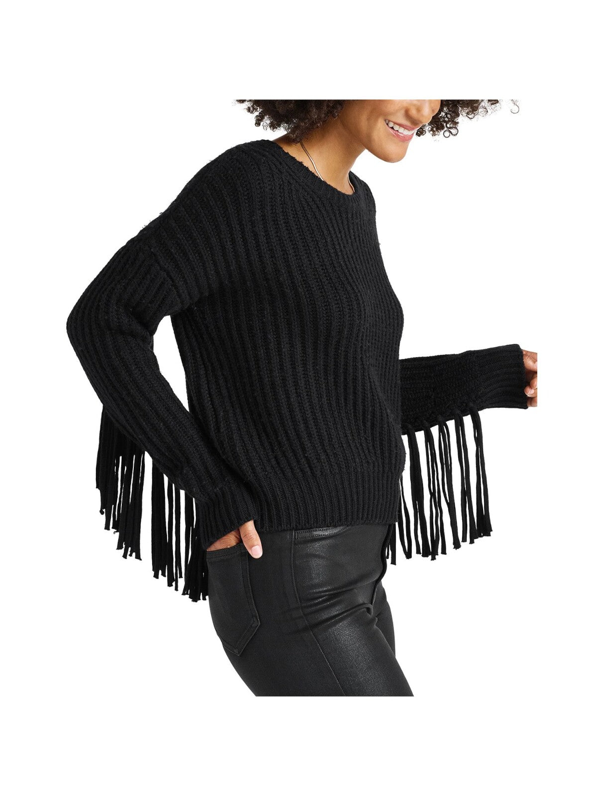 SPLENDID Womens Black Ribbed Long Fringed Sleeves Crew Neck Sweater XS