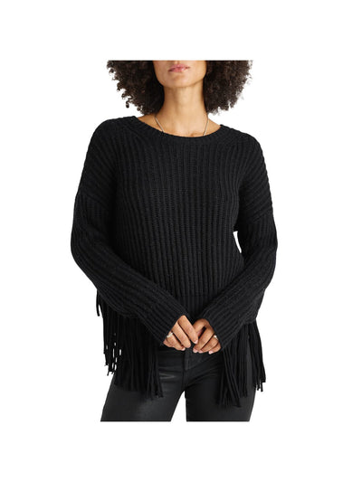 SPLENDID Womens Black Ribbed Long Fringed Sleeves Crew Neck Sweater XS