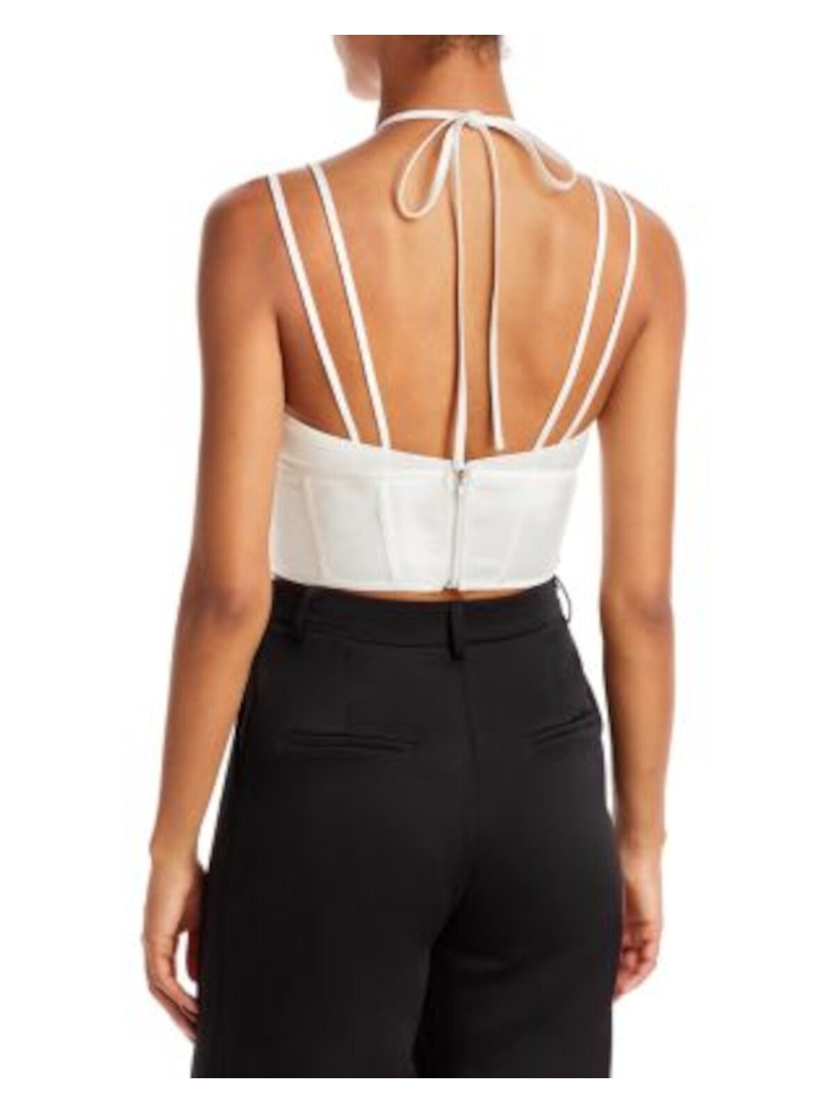 AQUA Womens White Cut Out Zippered Double Strap Bustier Style Lined Sleeveless Halter Crop Top M