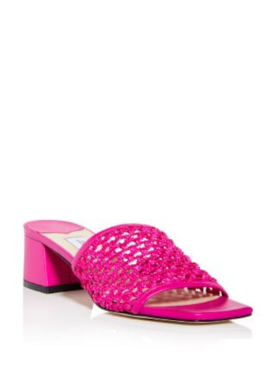 JIMMY CHOO Womens Pink Woven Themis 45 Square Toe Block Heel Slip On Heeled Sandal 41