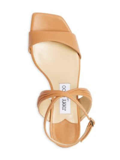 JIMMY CHOO Womens Beige Ankle Strap Ruched Adjustable Jago Square Toe Buckle Leather Dress Heeled Sandal 39.5