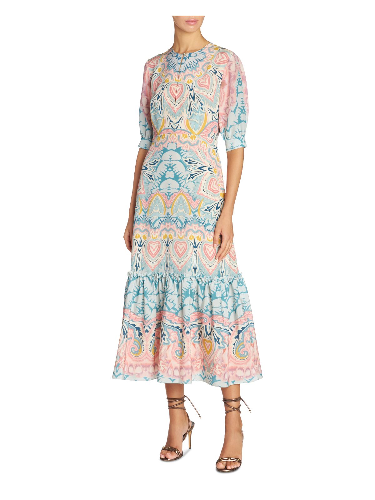 ETRO Womens Light Blue Lined Deep Keyhole Ruffle Tiered Hem Printed Elbow Sleeve Round Neck Midi Party Sheath Dress 44