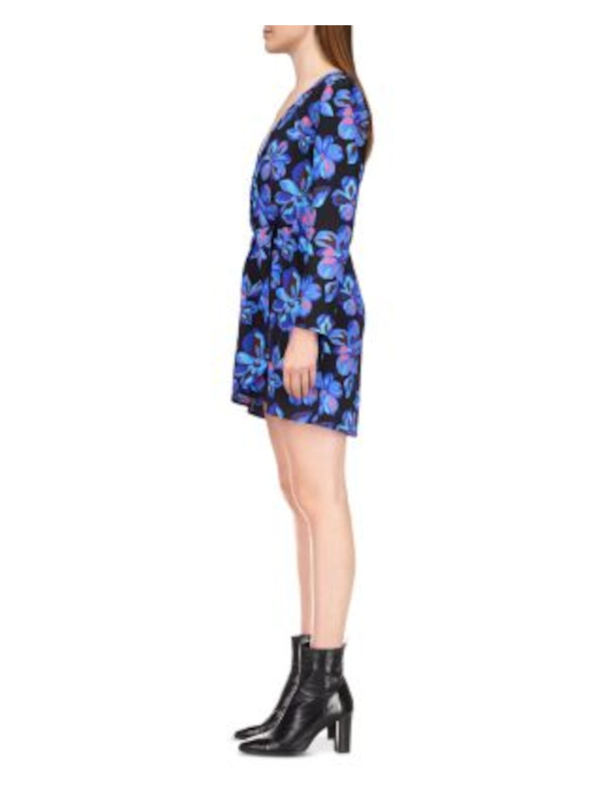 SANCTUARY Womens Blue Pleated Floral Long Sleeve Surplice Neckline Mini Faux Wrap Dress XS