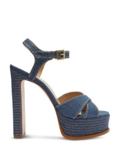 SCHUTZ Womens Blue Denim 1-1/2" Platform Ankle Strap Padded Keefa Open Toe Buckle Heeled Sandal 9.5 B