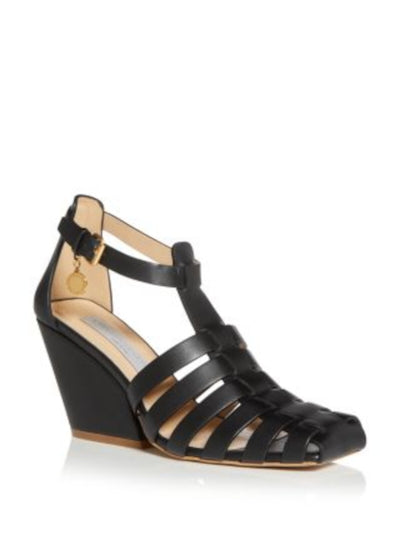 STELLAMCCARTNEY Womens Black Caged Handing Logo Hardware Ankle Strap Padded Cowboy 90mm Square Toe Block Heel Buckle Dress Heeled Sandal 39.5