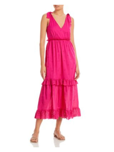 AQUA Womens Pink Ruffled Zippered Tie Shoulders Tiered Skirt Lined Sleeveless V Neck Midi Fit + Flare Dress XS