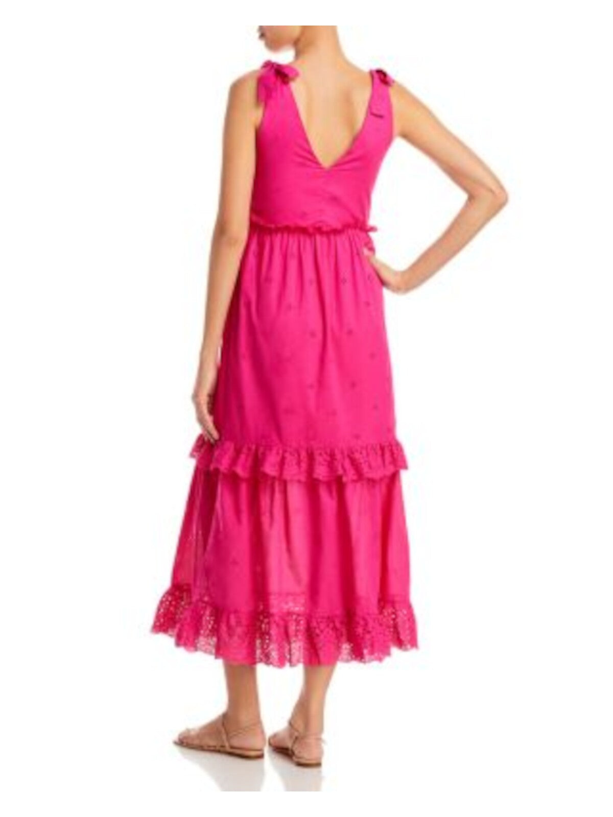 AQUA Womens Pink Ruffled Zippered Tie Shoulders Tiered Skirt Lined Sleeveless V Neck Midi Fit + Flare Dress XS