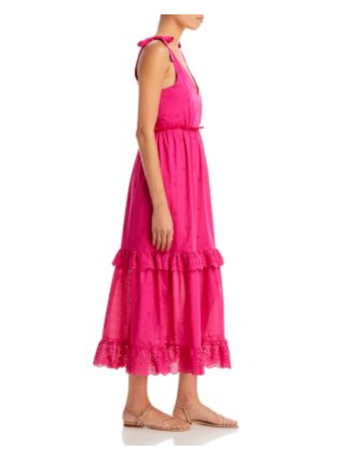 AQUA Womens Pink Ruffled Zippered Tie Shoulders Tiered Skirt Lined Sleeveless V Neck Midi Fit + Flare Dress XS