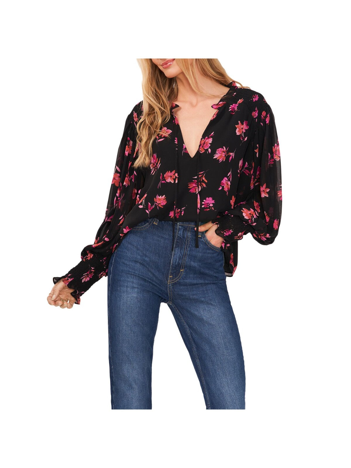 VINCE CAMUTO Womens Black Smocked Ruffled Tie Sheer Lined Pleated Floral Long Sleeve Split Blouse XS